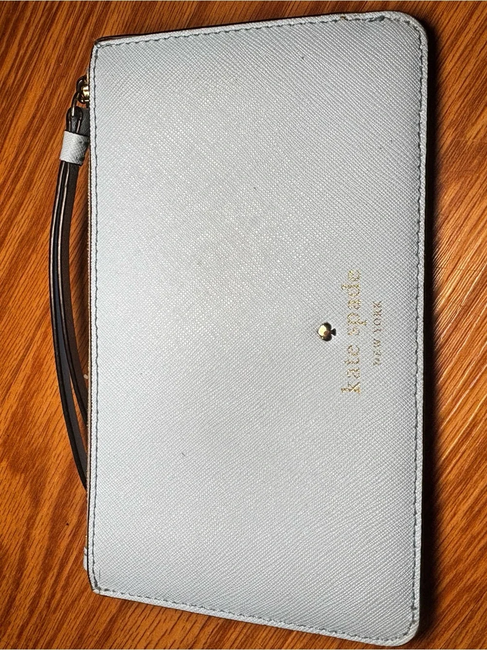 kate spade powder blue leather card wallet with gold logo